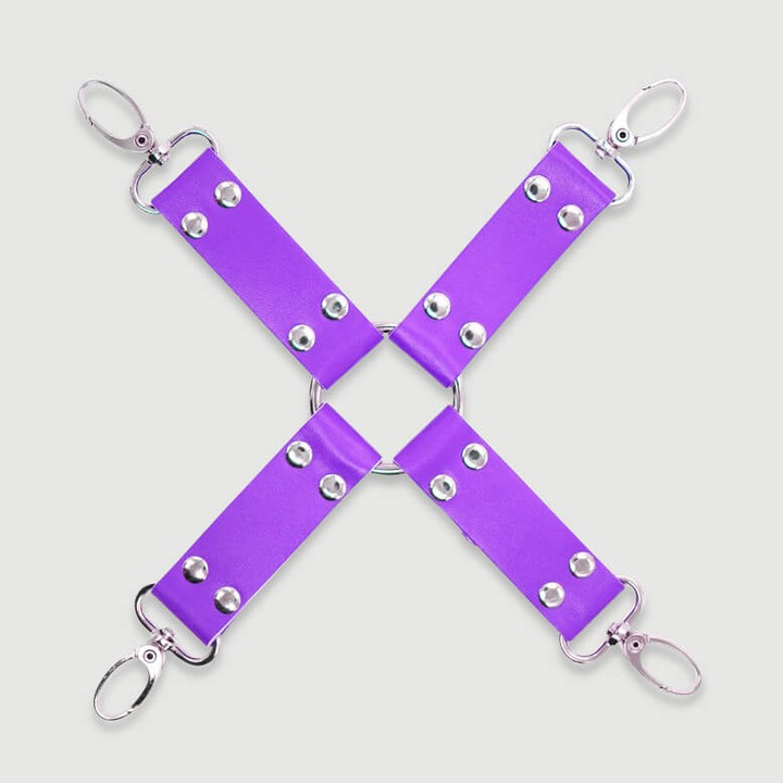 Ham din piele pentru bondage cu carlige metalice, Sexopolis, violet, design incrucisat