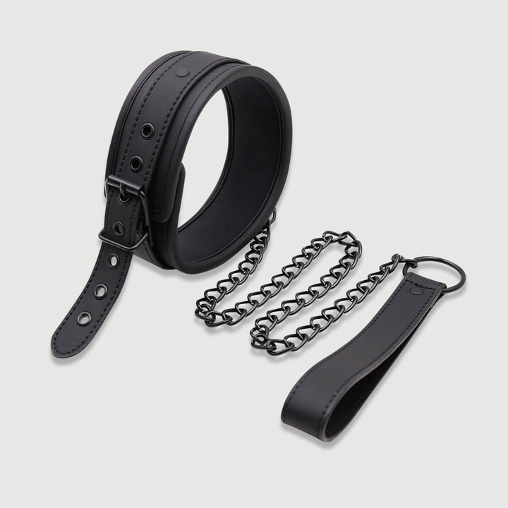 Zgarda cu captuseala si lant detasabil, Sexopolis, negru, pentru jocuri BDSM
