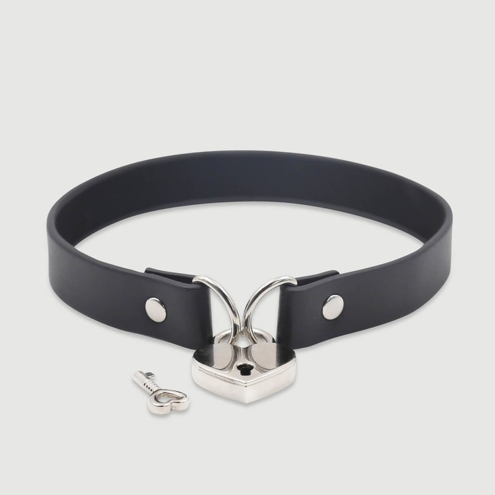 Choker din piele cu lacat si cheie, Sexopolis, negru, ajustabil