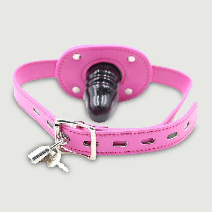 Calus din piele cu dildo si curea cu inchidere, Sexopolis, roz si negru, pentru utilizare orala