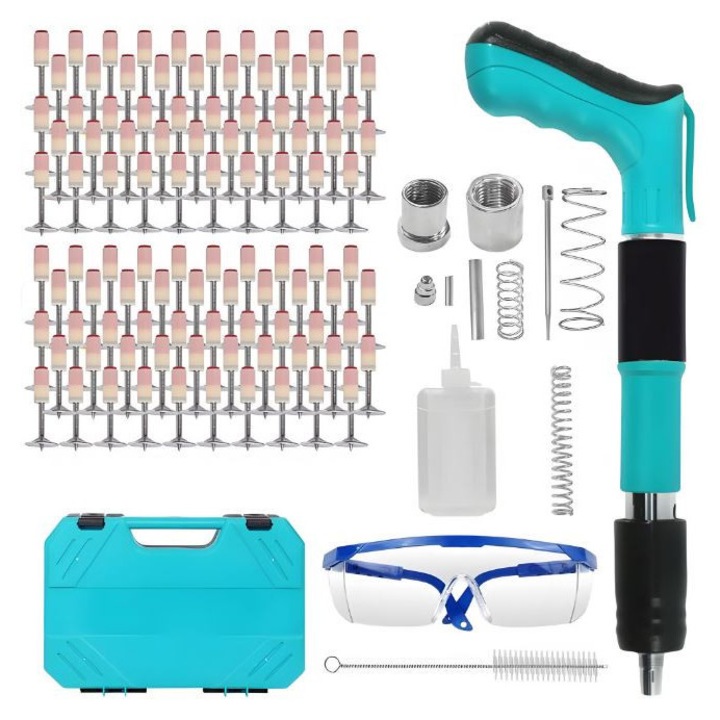 Pistol de cuie manual TLBShop® pentru fixare in beton, lemn, fier, pardoseala, 5 trepte ajustabile, Lungime cuie 27mm, Set 200 cuie incluse