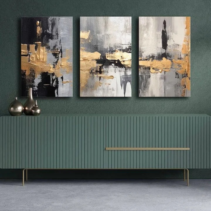 Set tablou decorativ Re-Bloom, 3 piese, lemn masiv/panza, gri/auriu/negru, 145 x 70 cm