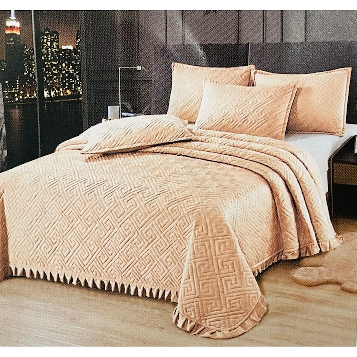 Cuvertura cu volane pat dublu 3 piese, Catifea matlasata, Super Elegant Pucioasa Bej / Bej Auriu