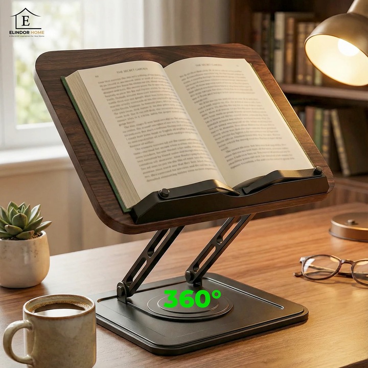 Suport de Carte Elindor® pentru Lectura, Accesoriu Carti Versatil, Reglabil si Pliabil, cu Baza Rotativa 360° si Cleme Elastice, pentru Carte de Bucate, Manuale, Retete, Partituri, 34 x 23 cm, Negru, Maro