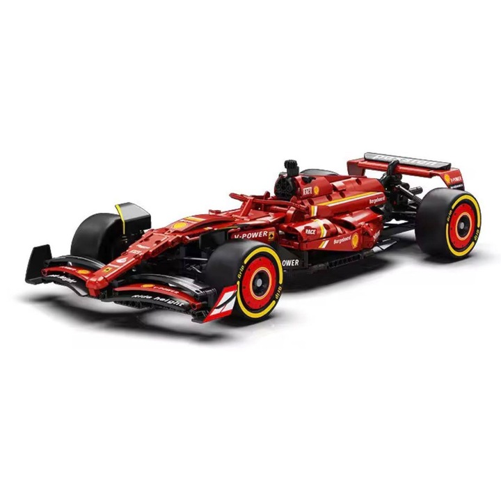Masina Formula 1 rosie tip Ferrari cu Telecomanda, 1188 Piese, Set Constructie Tip LEGO, Motor Electric, Scara 1:10, Model Mare 54 cm, Jucarie Interactiva pentru Copii 6+