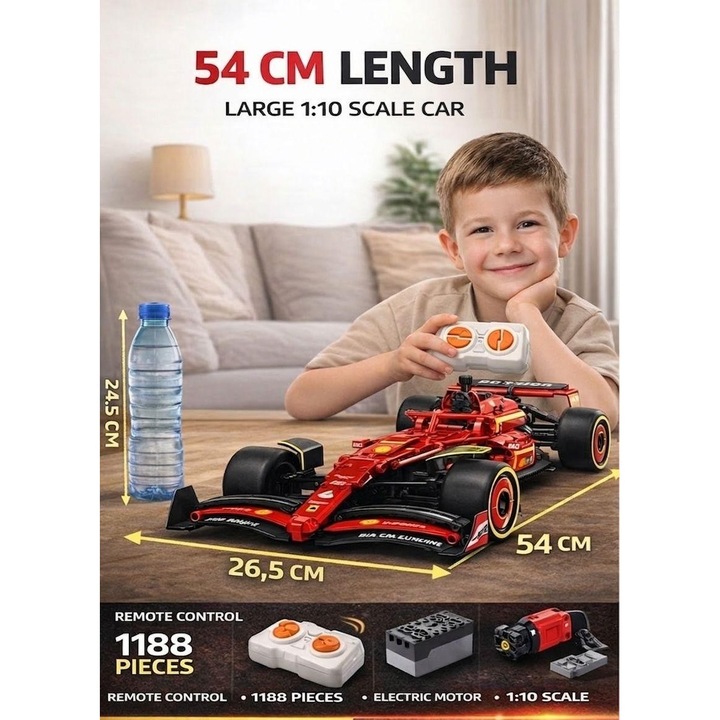 Masina Formula 1 rosie tip Ferrari cu Telecomanda, 1188 Piese, Set Constructie Tip LEGO, Motor Electric, Scara 1:10, Model Mare 54 cm, Jucarie Interactiva pentru Copii 6+