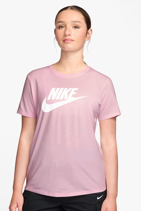 Nike, Tricou cu imprimeu logo Essentials, Alb/Roz pastel