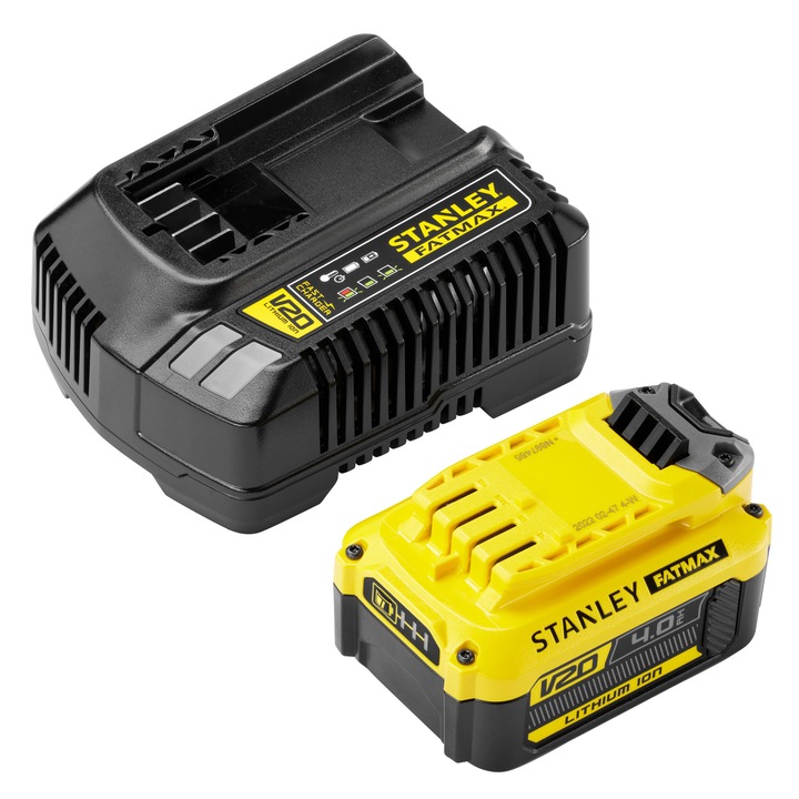 Kit starter cu incarcator si acumulator 4 Ah Stanley FatMax SFMCB14M1, Li-Ion 18V, compatibilitate multipla V20, incarcare rapida, compatibil cu toate uneltele electrice Stanley FatMax V20