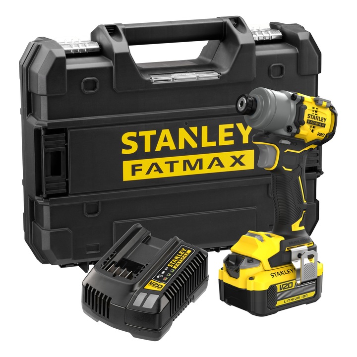 Masina compacta de insurubat cu impact pe acumulator Stanley FatMax SFMCF830M1T, brushless, 18V V20, 1x acumulator 4 Ah Li-Ion, cuplu maxim 203 Nm, 3 viteze, max 3200 RPM, iluminare LED, clema fixare centura, incarcator, cutie transport PRO-STACK