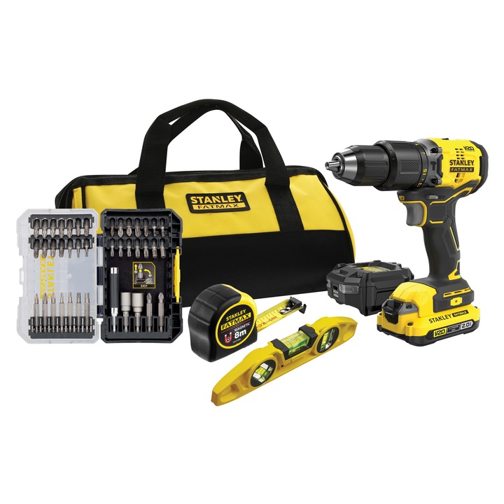 Combo set masina de gaurit si insurubat pe acumulator si accesorii Stanley FatMax SFMCK101D1S, include SFMCD715 brushless, 18V V20, 1x acumulator 2 Ah Li-Ion, cuplu 60 Nm, set biti, nivela, ruleta, incarcator, geanta transport
