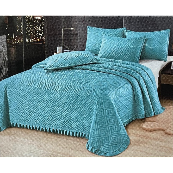 Cuvertura cu volane pat dublu 3 piese, Catifea matlasata, Super Elegant Pucioasa Albastru / Albastru petrol