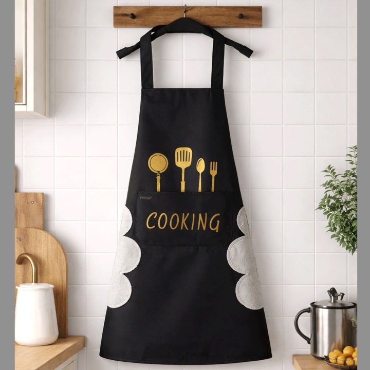 Sort de Bucatarie cu Buzunar Mare, Imprimeu Ustensile si Portiuni Laterale de Sters Mainile, Unisex, Rezistent la Pete si Apa, Ideal pentru Gatit Acasa sau la Gratar, Negru, PriStyle®
