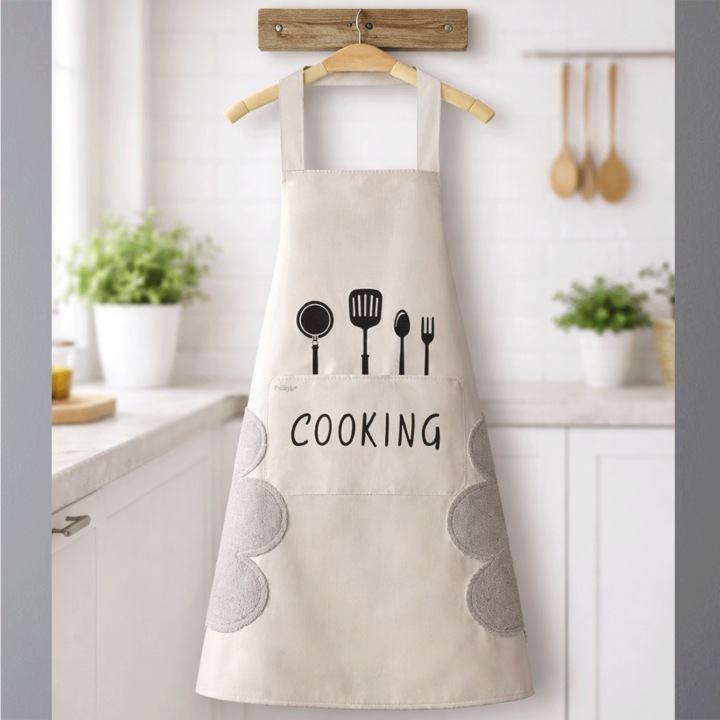 Sort de Bucatarie cu Buzunar Mare, Imprimeu Ustensile si Portiuni Laterale de Sters Mainile, Unisex, Rezistent la Pete si Apa, Ideal pentru Gatit Acasa sau la Gratar, Crem, PriStyle®