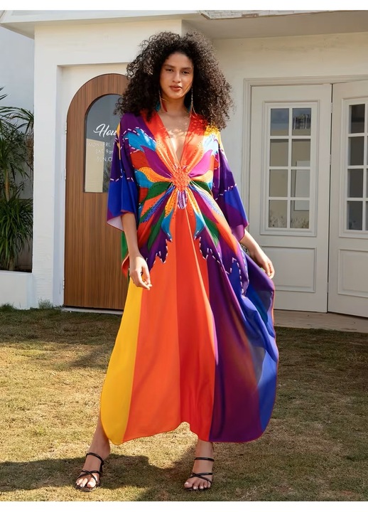 Rochie de plajă caftan Tyidalin, multicolor, decolteu adânc, mărime One Size INTL