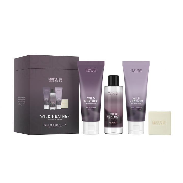 Set cadou Gel de dus unisex Wild Heather, Scottish Fine Soaps, exfoliere naturala, crema de corp hidratanta, multicolor