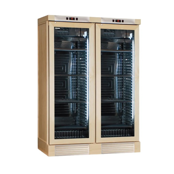 Racitor de vin premium din lemn masiv KlimaItalia, 252 sticle, colectie Wood, 130x188 cm, 10 rafturi metalice, tehnologie cu compresor, temperatura ventilatie 4-18°C, 2x3 zone mentinere la rece 5/10/16°C, protectie anti-UV, dezghetare duala, lemn natur