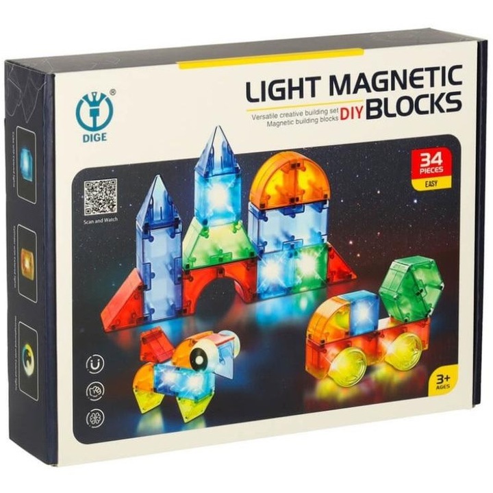 Set cuburi magnetice 3D cu LED Scribant, 34 piese, multicolor, 28, 5x22x6cm