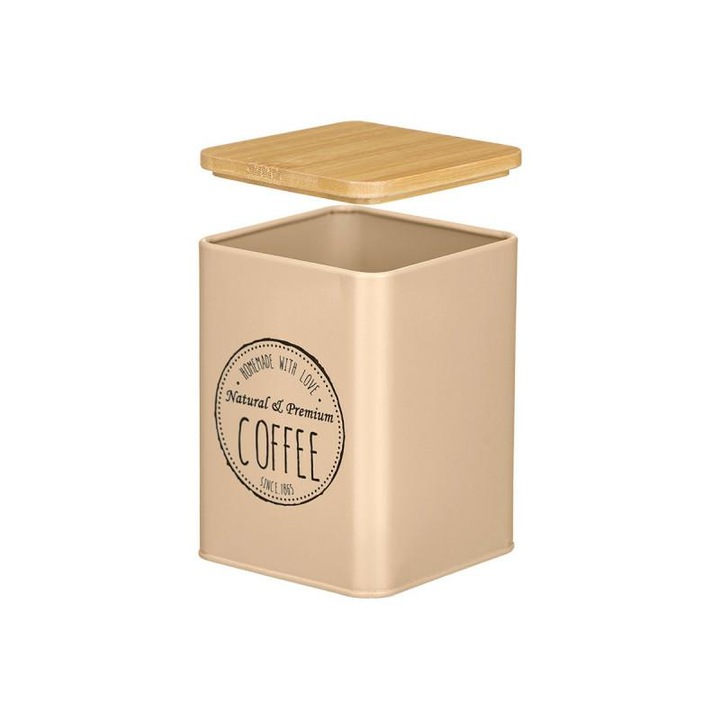 Cutie metalica pentru cafea, KINVARA, cu capac din bambus ermetic, design modern, 9.8x9.8x13.8 cm, bej