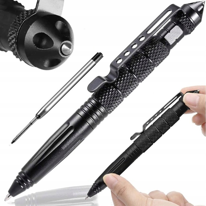 Kubotan stilou tactic Ayawaska, otel tungsten, multifunctional, negru, 15cm, set cu 2 rezerve