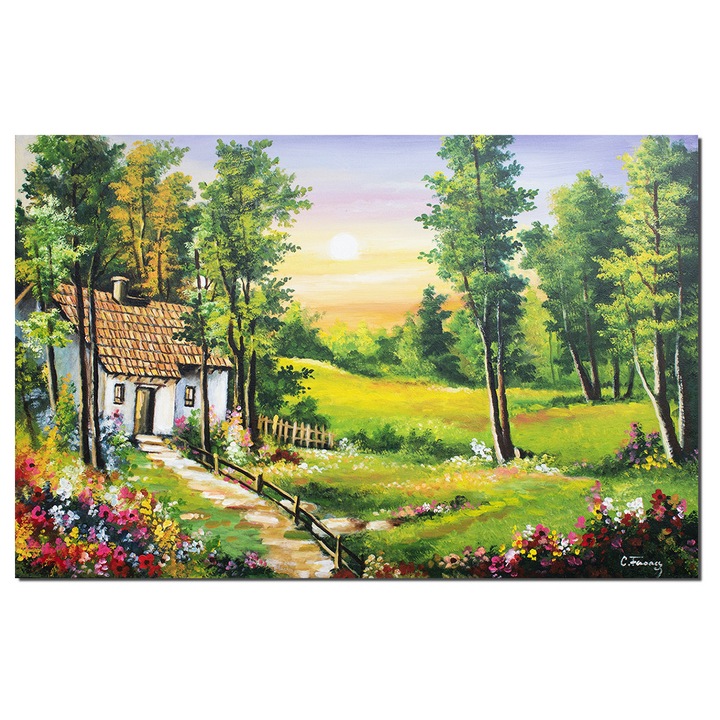 Tablou peisaj de vara cu flori colorate pictat manual, La casuta din padure, 120x80cm ulei pe panza, Constantin Feraru