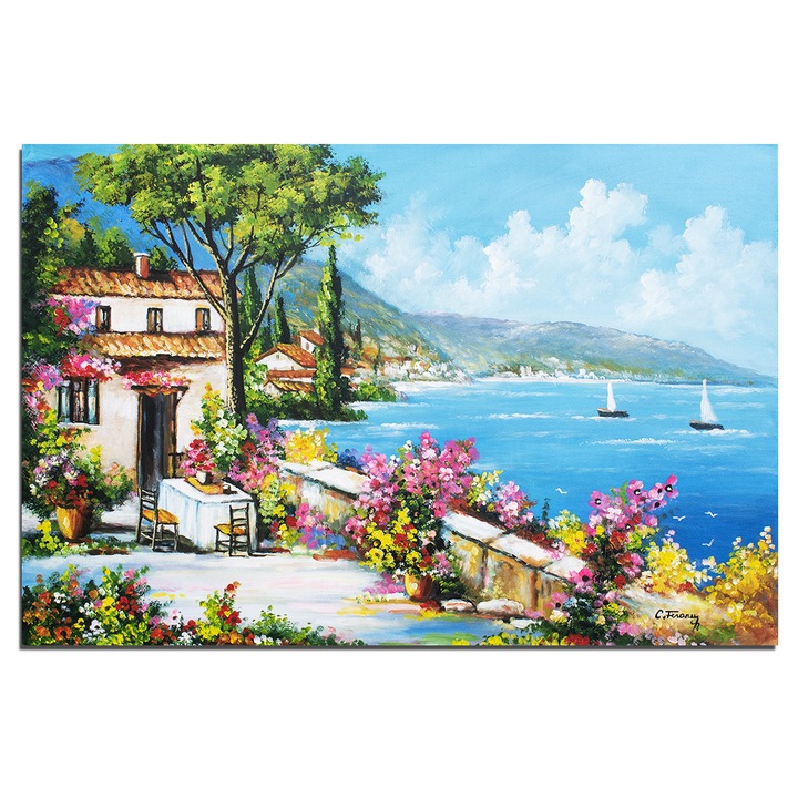 Tablou gigant peisaj mediteranean pictat manual, O zi insorita pe terasa, 120x80cm ulei pe panza, Constantin Feraru