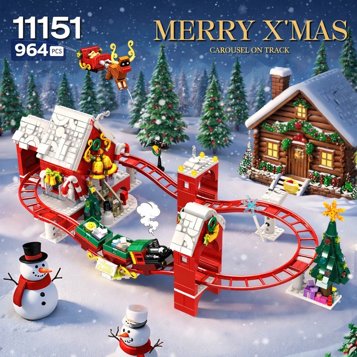 Set de Constructie cu Piese Tip Blocuri Constructie MiniBric® Christmas Track Adventure, Colectia Christmas, Pentru Baieti si Fetite, Tren pe Sine, Rollercoaster, 11151- DS, Cadou Ideal Pentru Copii Pasionati de Jucarii de Constructie, 962 Piese
