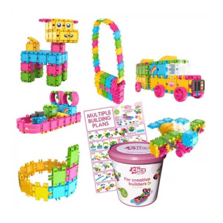 Set de construcție 8 în 1 Clicstoys, 180 piese, galetusa 24x20cm, multicolor