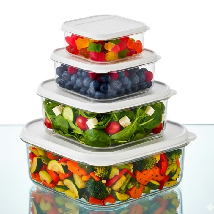 Set 4 cutii alimentare, Koken, etanse, plastic fără BPA, transparent/alb, 0.2L-2.2L