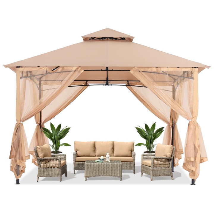 Foisor De Gradina, TOPSCAUNE®, 3.3x3.3 m, Foisor Exterior Cu Cadru Din Otel, Foisor De Gradina Cu Plasa Tantari Si Acoperis Impermeabil 300D, Foisor De Gradina Pentru Curte, Terasa, Gazon, Design Elegant, Structura Solida, Bej