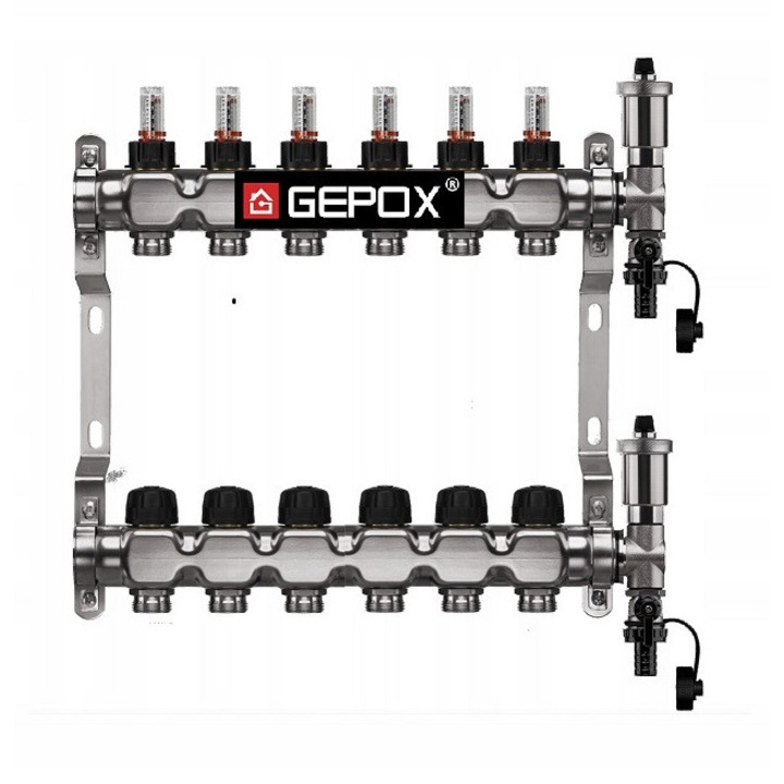Distribuitor / Colector incalzire in pardoseala GEPOX, din otel inoxidabil (inox), 6 cai / circuite