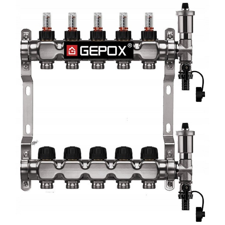 Distribuitor / Colector incalzire in pardoseala GEPOX, din otel inoxidabil (inox), 5 cai / circuite