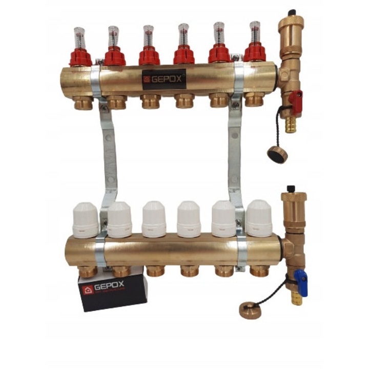 Distribuitor / Colector incalzire in pardoseala GEPOX, din alama masiva, 6 cai / circuite