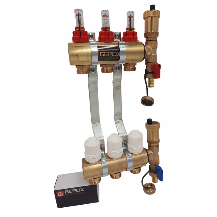 Distribuitor / Colector incalzire in pardoseala GEPOX, din alama masiva, 3 cai / circuite