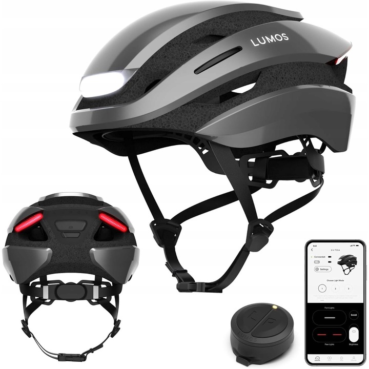 Casca de protectie sport Lumos Ultra, LED, gri, M/L 54-61cm, set complet cu incarcator USB si telecomanda