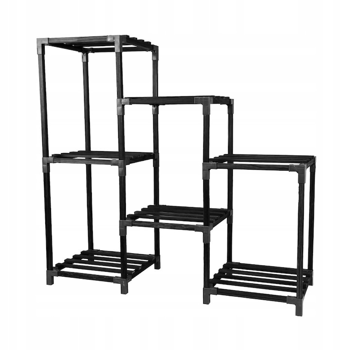 Stand Flori din Lemn, Grindi, Galium I, Suport Etajat pentru Ghivece si Plante, Design Loft si Rustic, Lemn de Paulownia Rezistent, 7 Rafturi Depozitare, Accesorii Gradinarit Incluse, Ideal pentru Interior si Exterior, 82x87x30 cm, Negru