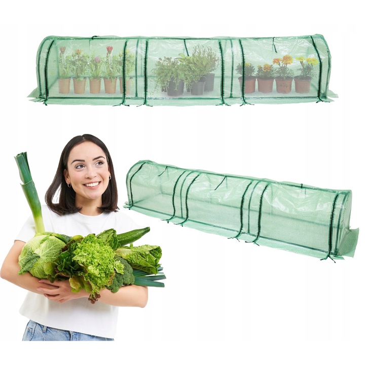 Mini Sera de Gradina si Balcon, Grindi, Petito I, Tunel Foliar cu 3 Compartimente, Prelata Polietilena Transparenta 135g/m2 cu Filtru UV, Cadru Metalic Robust 16mm, Usi Rulante cu Fermoar, Protectie Plante si Rasaduri, 260x60x50 cm