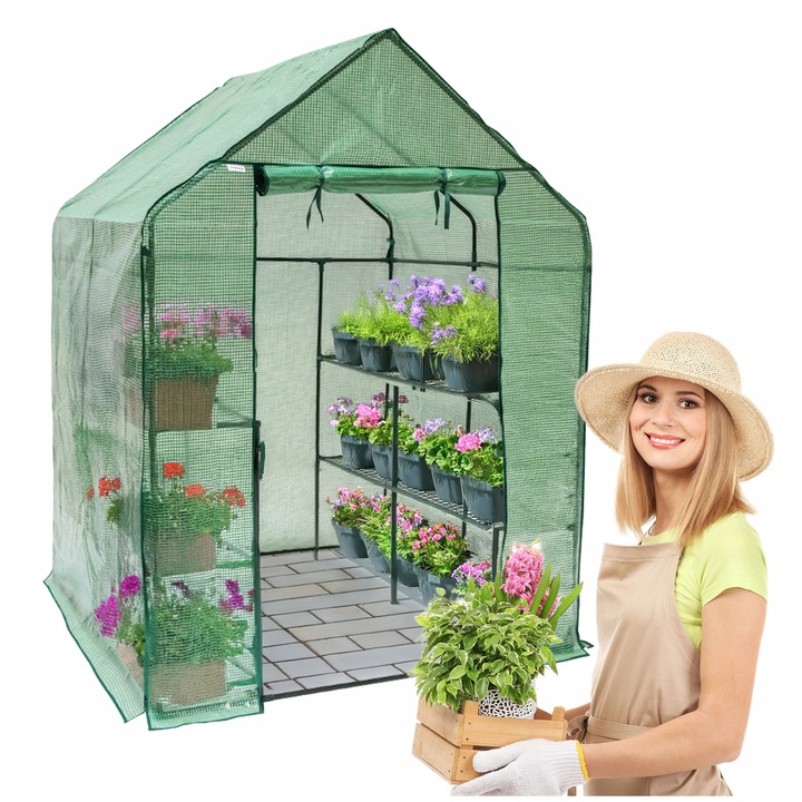 Sera Gradina si Balcon, Grindi, Canna II, Tunel Vertical cu 8 Rafturi, Prelata Polietilena Verde 130g/m2, Cadru Metalic 16mm, Usa Rulanta cu Fermoar, Protectie UV si Vant cu Sort de Pamant, 141x142x194 cm