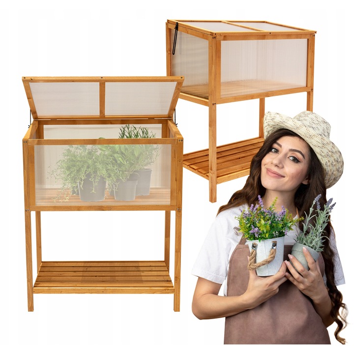 Mini Sera din Lemn, Grindi, Abelia, Rasadnita pentru Terasa si Balcon, Panouri din Policarbonat 4mm Rezistent, Structura din Lemn de Pin, Capac Rabatabil cu Blocare pentru Ventilatie, Raft Inferior pentru Accesorii, 90x50x93 cm