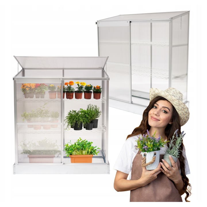 Mini Sera Gradina, Grindi, Hosta, Policarbonat 4mm, Perete Atasabil, Cadru Aluminiu, Usa Culisanta, Acoperis Rabatabil, 2 Rafturi Incluse, Fundatie Metalica, Protectie UV si Izolare Termica, 130x58x140 cm, Alb