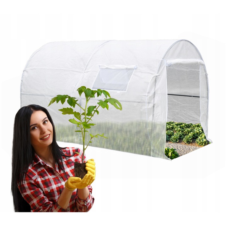 Tunel Foliar Gradina, Grindi, Iris I, Sera Tip Cort 6m2, Prelata Polietilena Alba 130g/m2 cu Filtru UV, Cadru Metalic Robust 25mm, Ferestre cu Plasa, Sort de Pamant, Protectie Legume, Montaj Simplu, 3x2x1.9 m