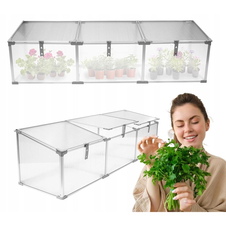 Mini Sera Gradina, Grindi, Magnolia III, Inspekt Policarbonat 4mm, Cadru Aluminiu, Rasadnik cu 3 Compartimente, 3 Capace Rabatabile pentru Ventilatie, Protectie UV si Intemperii, Ideal pentru Legume, 180x51x51 cm, Alb