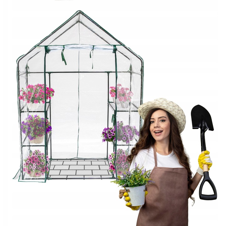 Sera Gradina Tunel, Grindi Canna I, Sera Cu 4 Rafturi Pentru Plante Si Rasaduri, Ideala Pentru Balcon Si Gradina, Folie PE Protectie Ploaie Si Vant, Cadru Metalic Stabil, Usa Rulata Cu Fermoar, Protectie Frig Si Vant, 141x72x194 cm