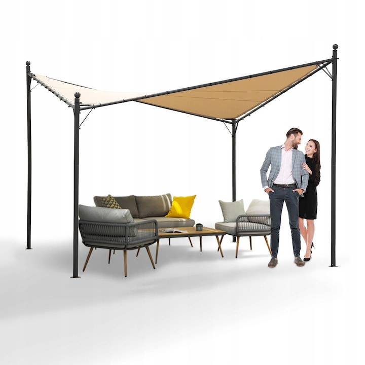 Pergola Gradina Terasa, Grindi Ikaria, Metal Stabil Si Rezistent, Acoperis Poliester Rezistent La Apa Si UV, Montaj Rapid, Design Modern Elegant, Protectie Vant Si Soare, Relaxare Si Socializare, 350x350x287 Cm, Bej