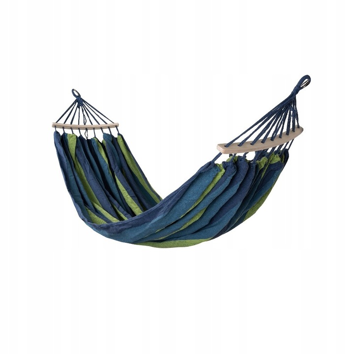 Hamac Gradina, Grindi, Honolulu, Material Moale Si Rezistent Cu Densitate Mare, Bara Din Lemn Pentru Stabilitate, Include Coarda Si Carlige, Perfect Pentru Relaxare Pe Terasa Sau Balcon, Suporta 120 kg, 180x160 cm, Albastru Multicolor