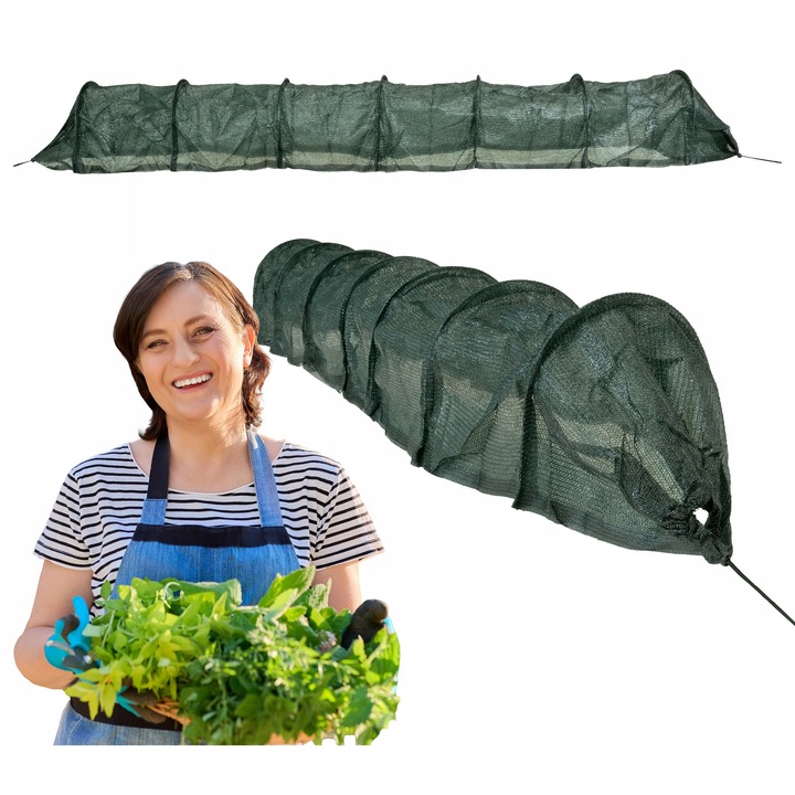 Mini Sera Tunel Folie, Grindi, Vinca, Plasa Mesh Verde Pentru Protectie Solara Si Vant, Cadru Metalic Stabil Si Circulatie Optima A Aerului, Sistem Inchidere Cu Cleme Contra Daunatorilor, Montare Simpla, 300x60x40 cm, Verde