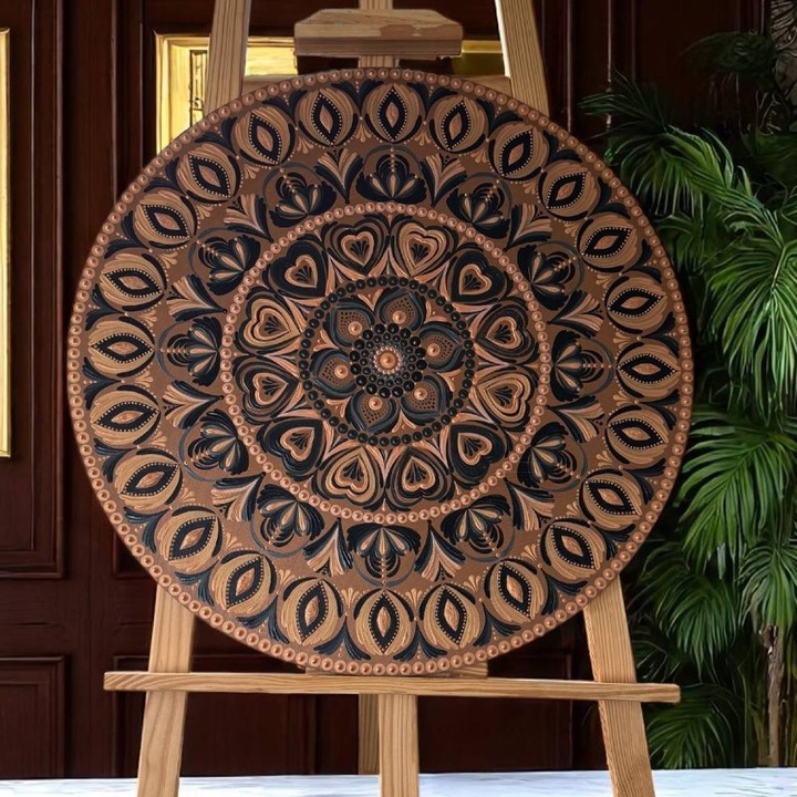 Frumusetea imperfectiunii-Tablou mandala unicat pictat manual pe suport de lemn, 60 cm