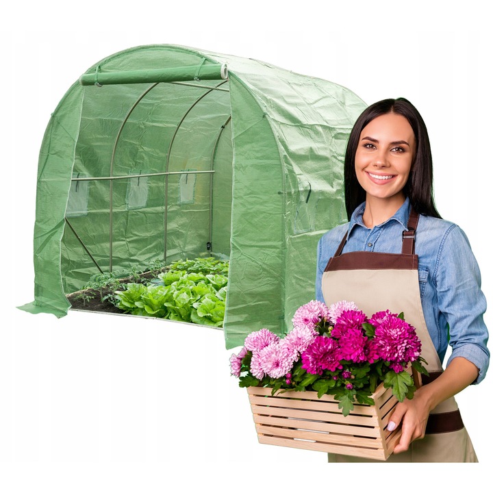 Sera Tunel Gradina, Grindi, Oxalis I, Suprafata 6 m2, Folie PE Verde 140g/m2 Cu Protectie UV, Structura Metalica Robusta Din Tevi De 24mm, Sort De Pamant Pentru Stabilitate, Ferestre Pentru Ventilatie Si Usa Rulanta, 3x2x2 m, Verde