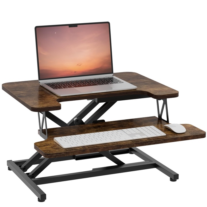 Suport laptop reglabil ERGOMAKER, atasament birou, inaltime ajustabila 13-39 cm, 55 x 40 cm, tava tastatura inclusa, cadru otel, blat lemn, culoare Maro rustic