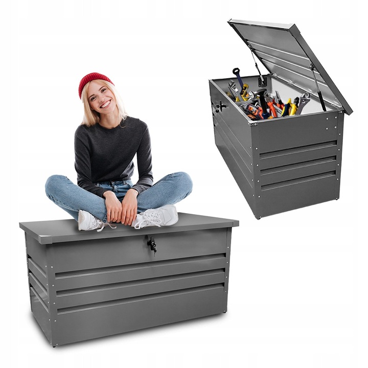 Lada Depozitare Gradina, Grindi, Orto, Capacitate 400L, Structura Metalica, Sistem Deschidere Cu Pistoane Pe Gaz Si Inchidere Cu Cheie, Functie Sezut Si Ventilatie Inerioara, Ideala Pentru Terasa Sau Balcon, 130x61x62 cm, Gri