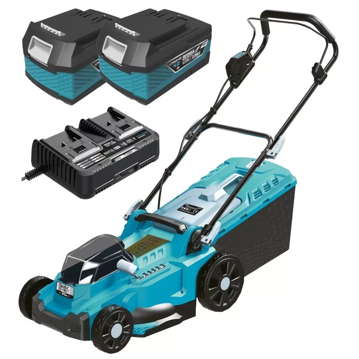 Пълен комплект електрическа косачка за трева / морава, работеща с батерии, 2 x 18V 4Ah, бързо зарядно устройство, регулируема височина, кош за събиране, нож 37см, Dedra SAS+ALL